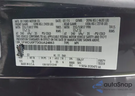 2016 Ford Escape S z USA, uszkodzony, nr VIN 1FMCU0F73GUA24863